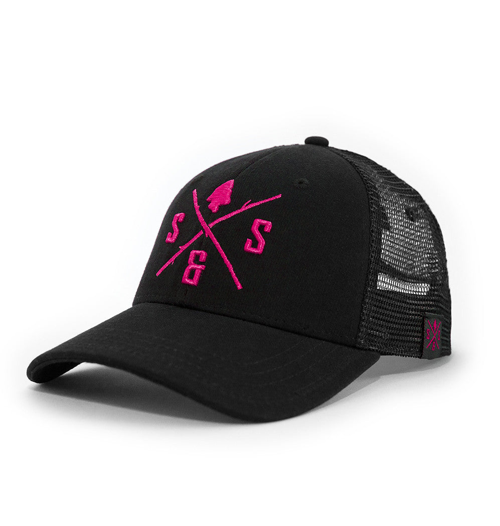Outdoor Hats, Black mesh back hat, Pink logo